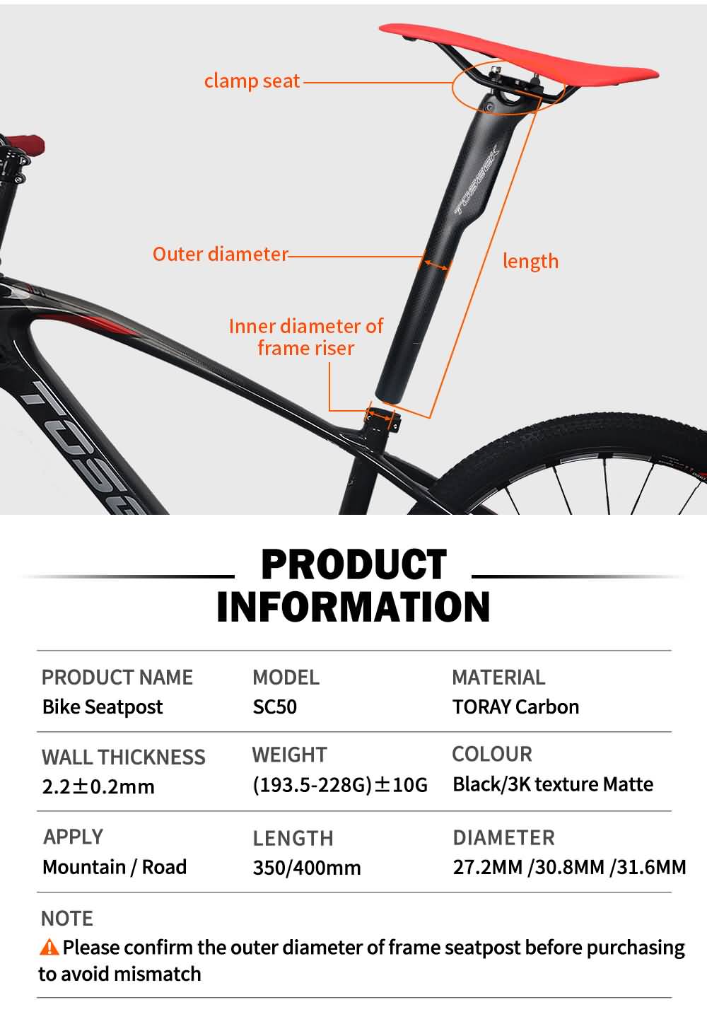 Buy TOSEEK Seatpost Carbon Mtb Telescopic Seatpost Offset 20mm Seat for bicycle Online!